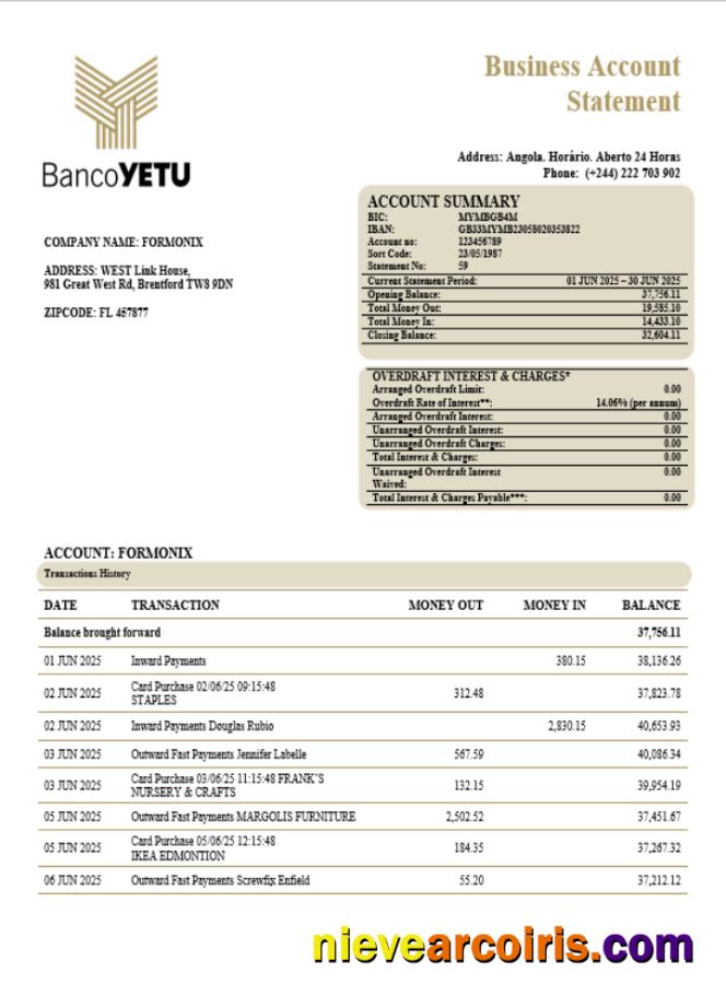 Banco Yetu business bank company statement